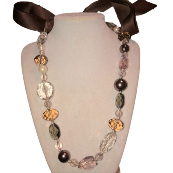 STELLA & Dot Facet Cut Glass Bead Necklace Neutral Colours Brown Silky Ribbon - Picture 1 of 5